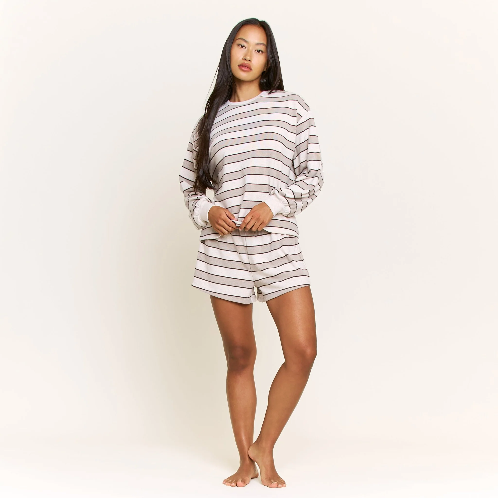 Cozy Era Long Sleeve Shortie Set in Coffee Stripe