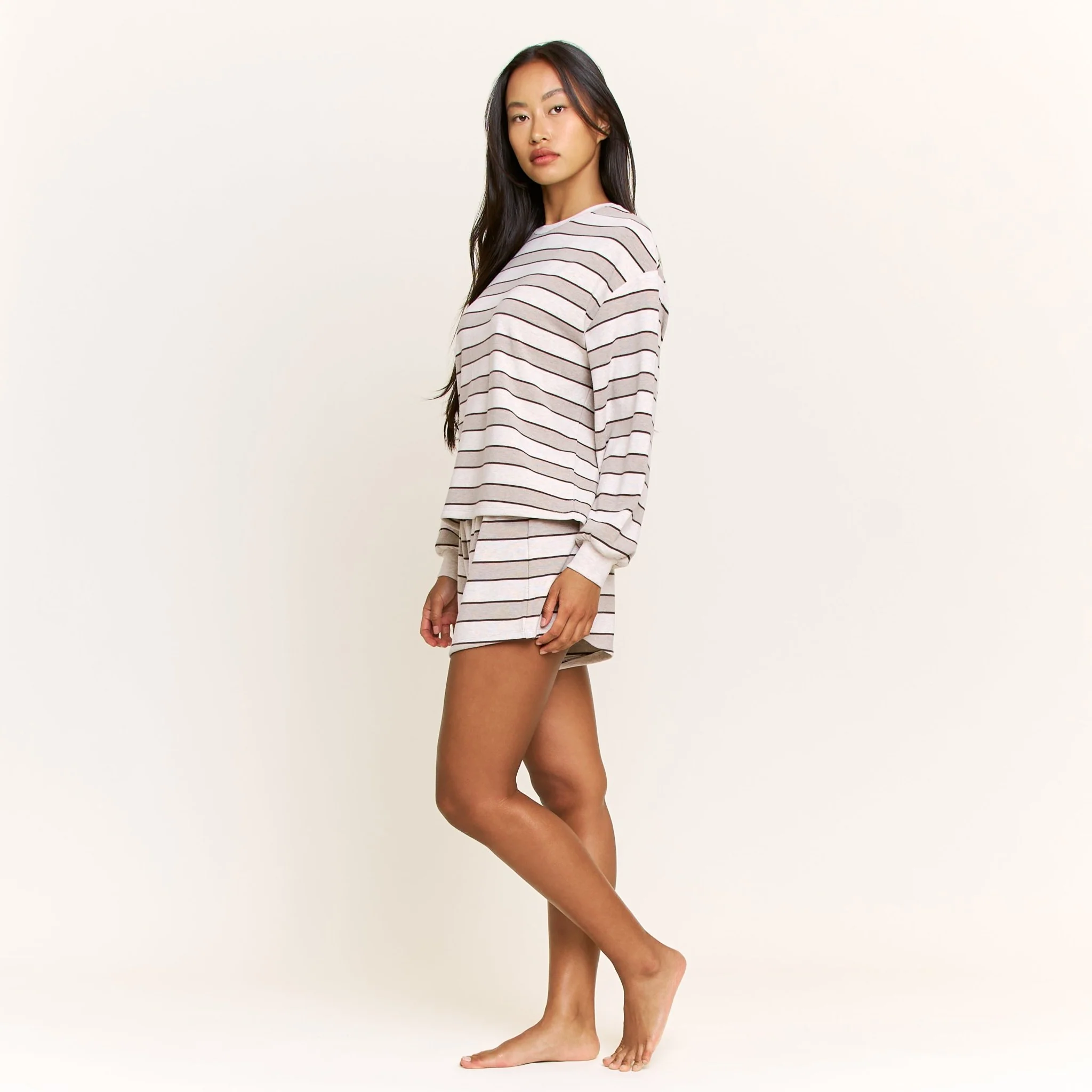 Cozy Era Long Sleeve Shortie Set in Coffee Stripe - Image 2