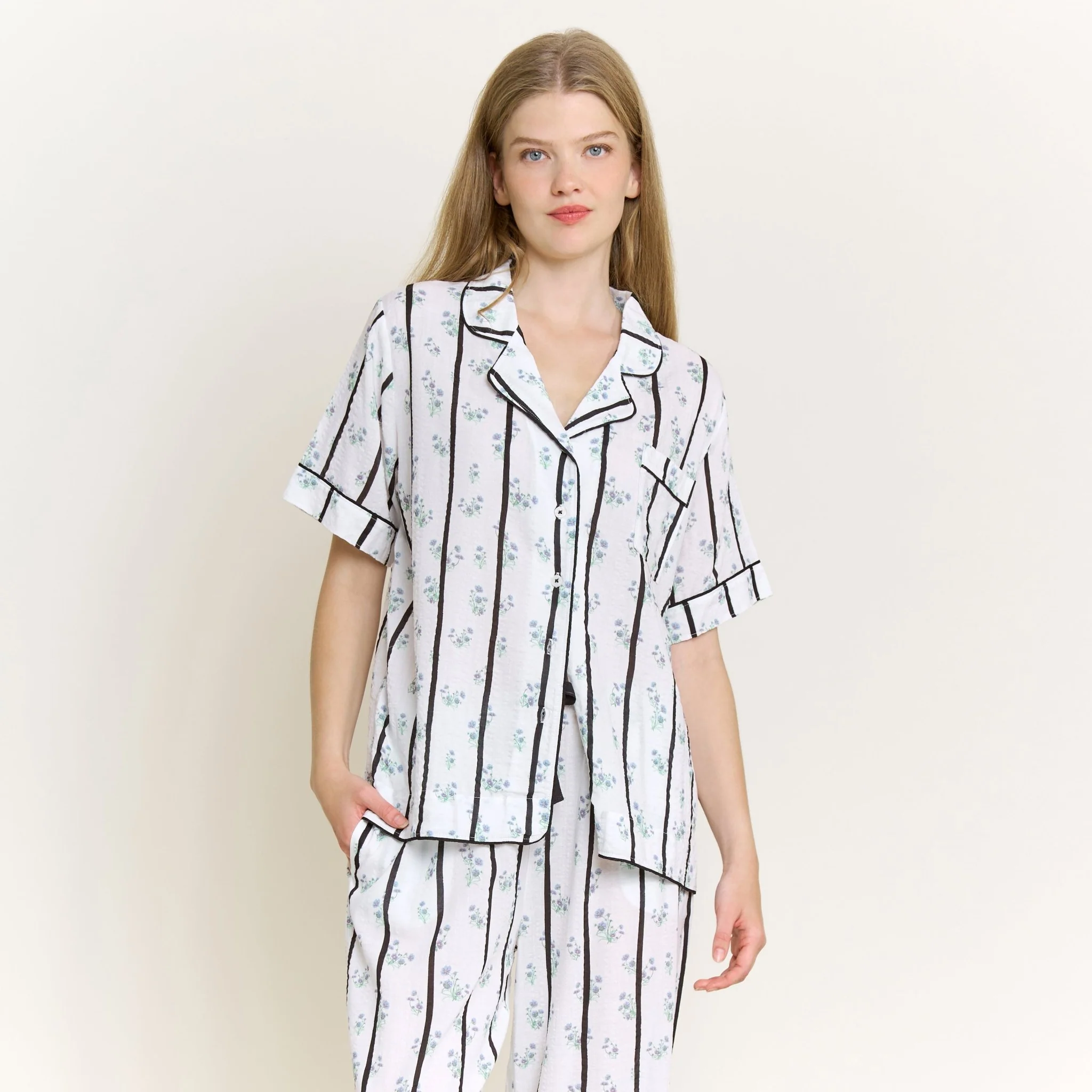 Good Life Short Sleeve PJ Set in Ditsy Stripe - Image 2